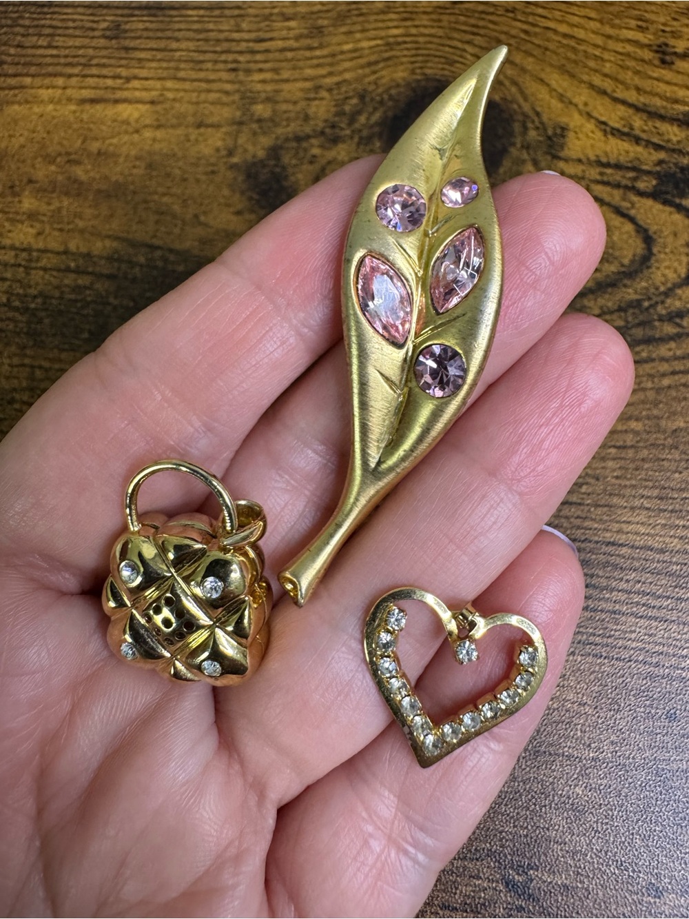 Gold-Tone Leaf with Pink Crystals, Purse & Heart Pendant Bundle